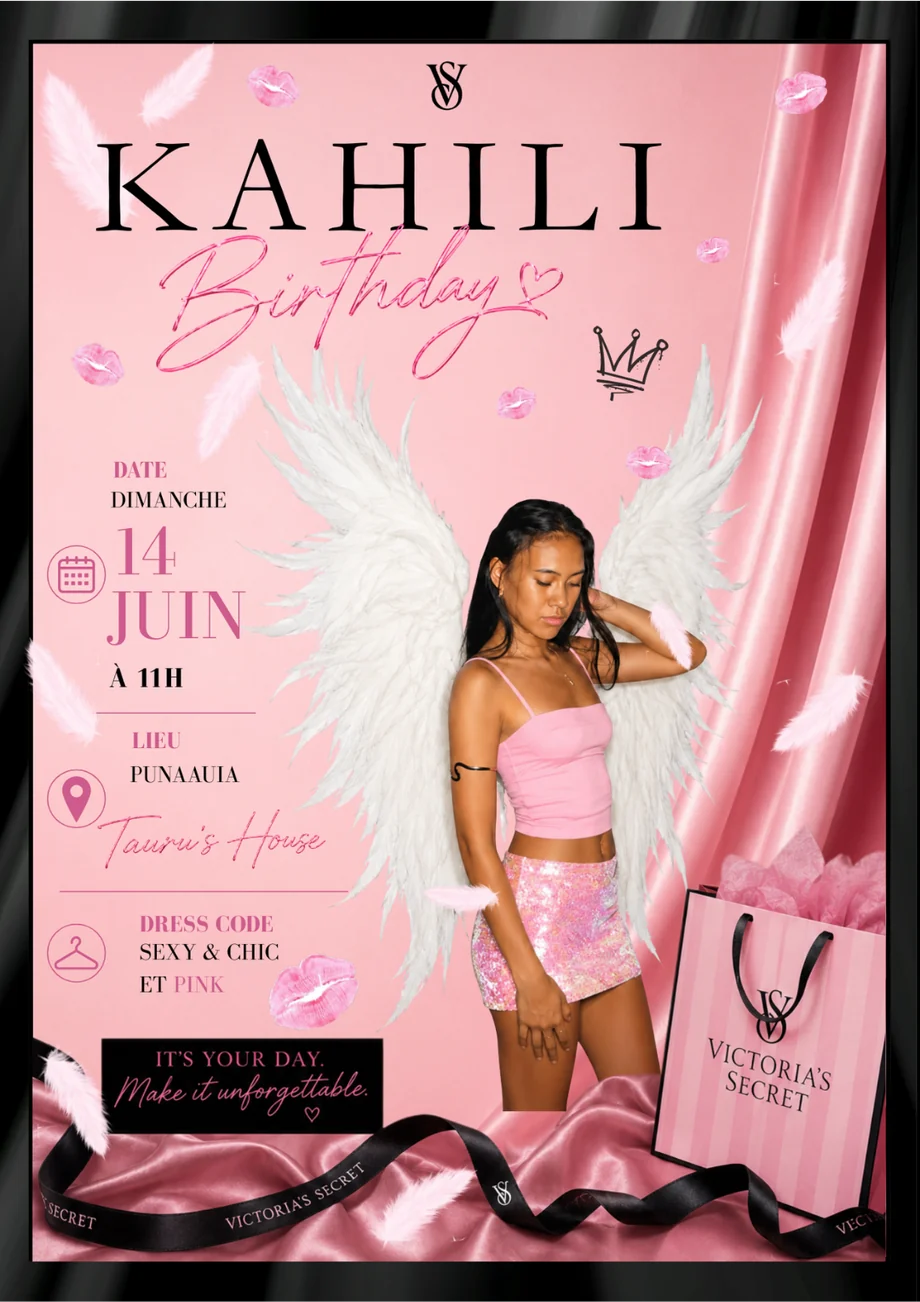 Invitation « Kahili Birthday » rose et blanche, avec des ailes d’ange et l’univers Victoria’s Secret