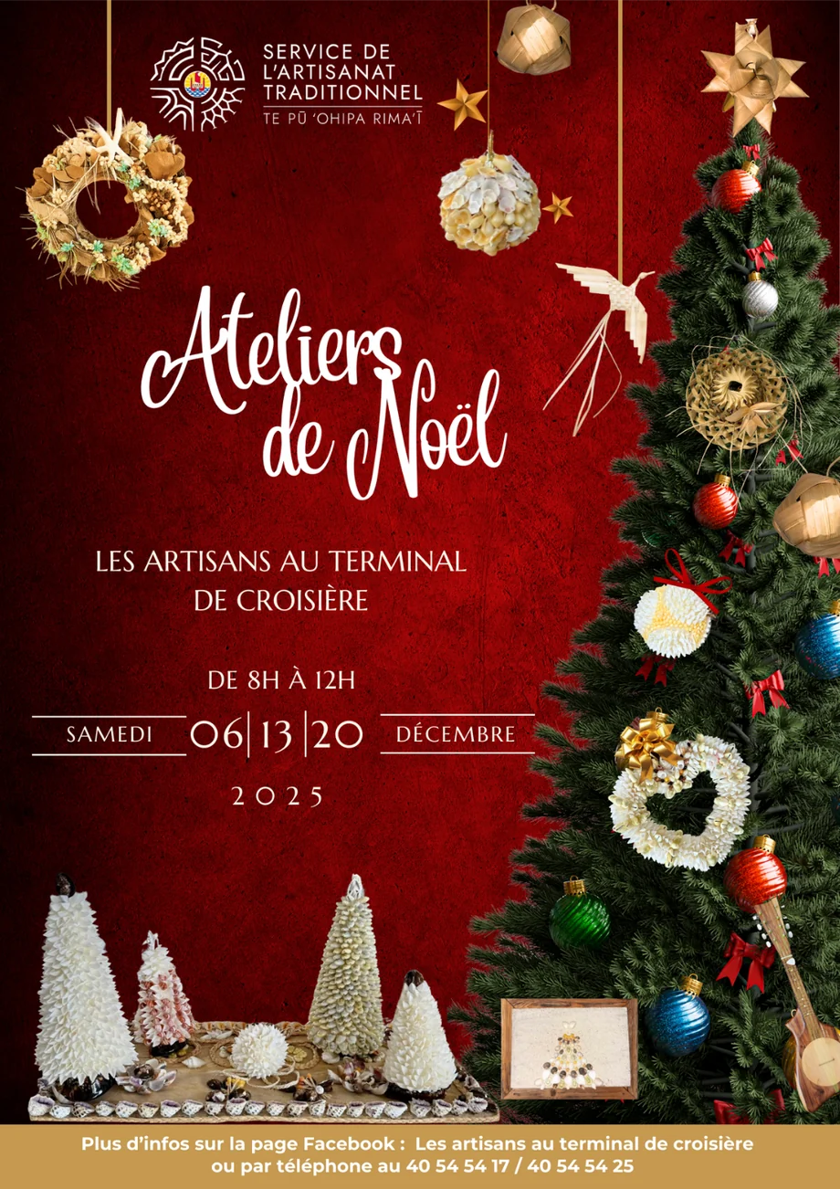 Affiche des Ateliers de Noël du Service de l’Artisanat Traditionnel : fond rouge et sapin décoré d’artisanat polynésien