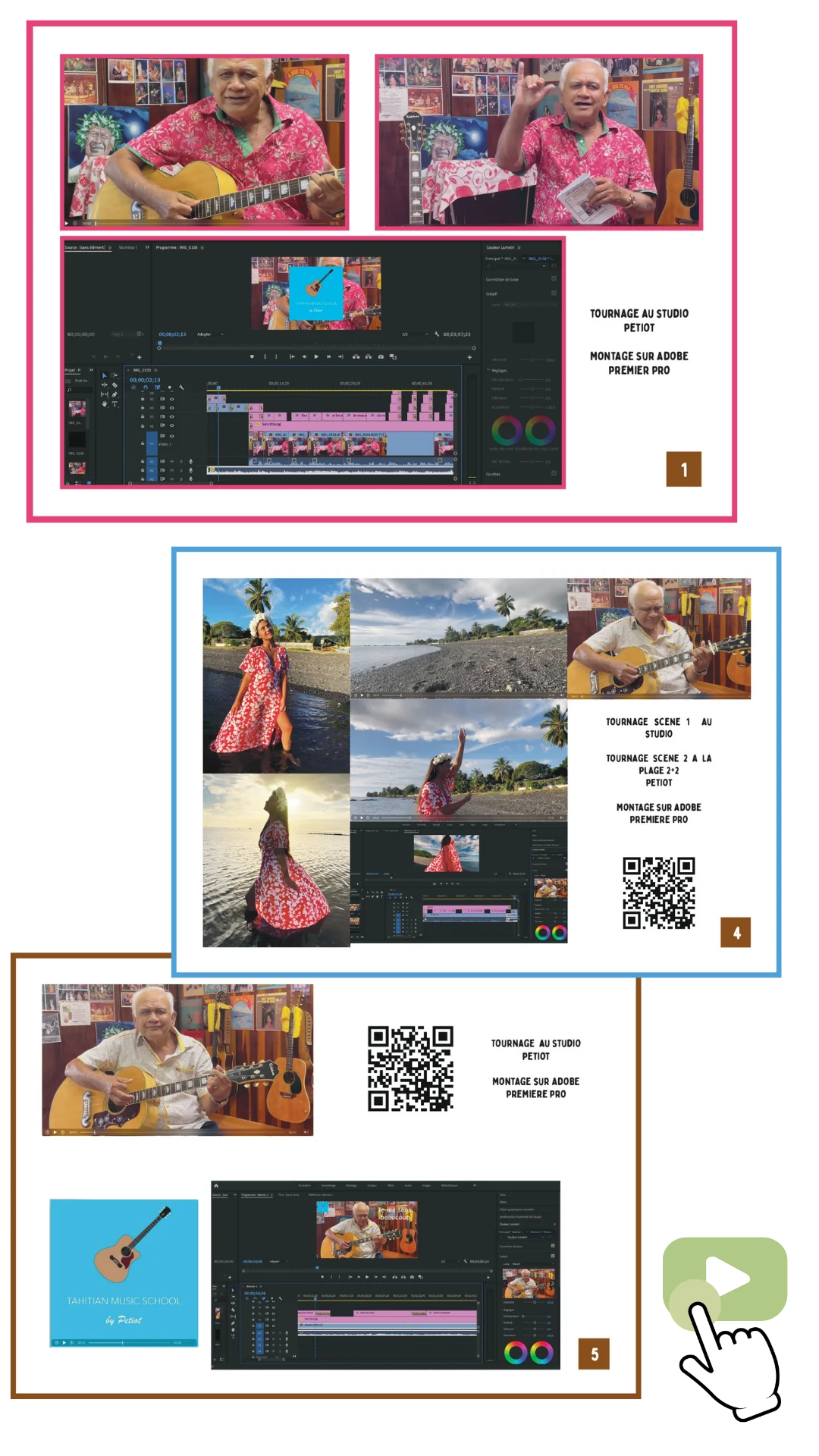 Aperçu de projets de communication : tournage de clips musicaux, captures de montage vidéo sur Adobe Premiere Pro et vidéos de la Tahitian Music School