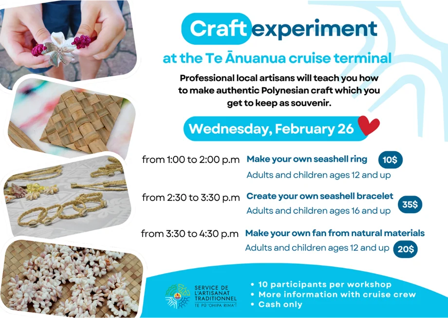 Affiche « Craft experiment » du Service de l’Artisanat Traditionnel au terminal de croisière, en bleu et blanc