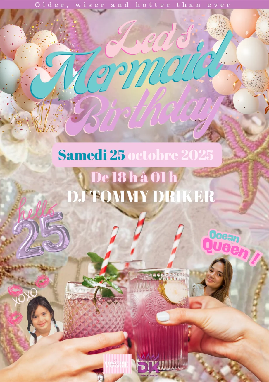 Invitation d’anniversaire « Mermaid Birthday » dans un univers sirène rose, turquoise et nacré