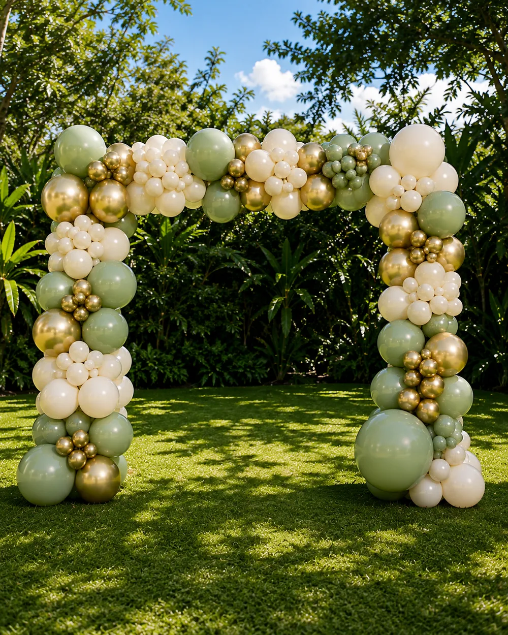 Arche de ballons vert sauge, ivoire et or dans un jardin