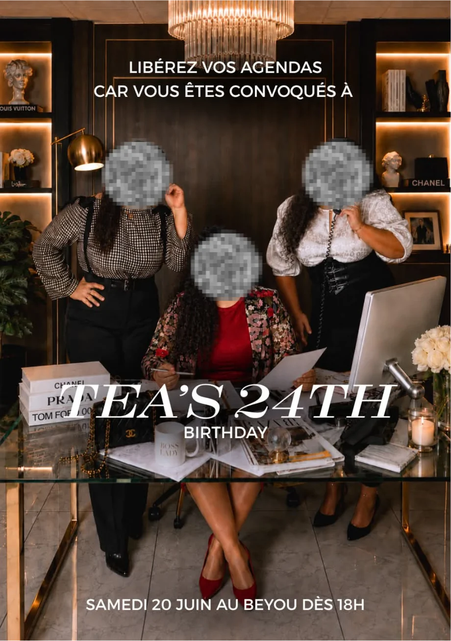 Invitation pour les 24 ans de Tea : mise en scène d’un bureau chic avec trois personnes dont les visages sont floutés