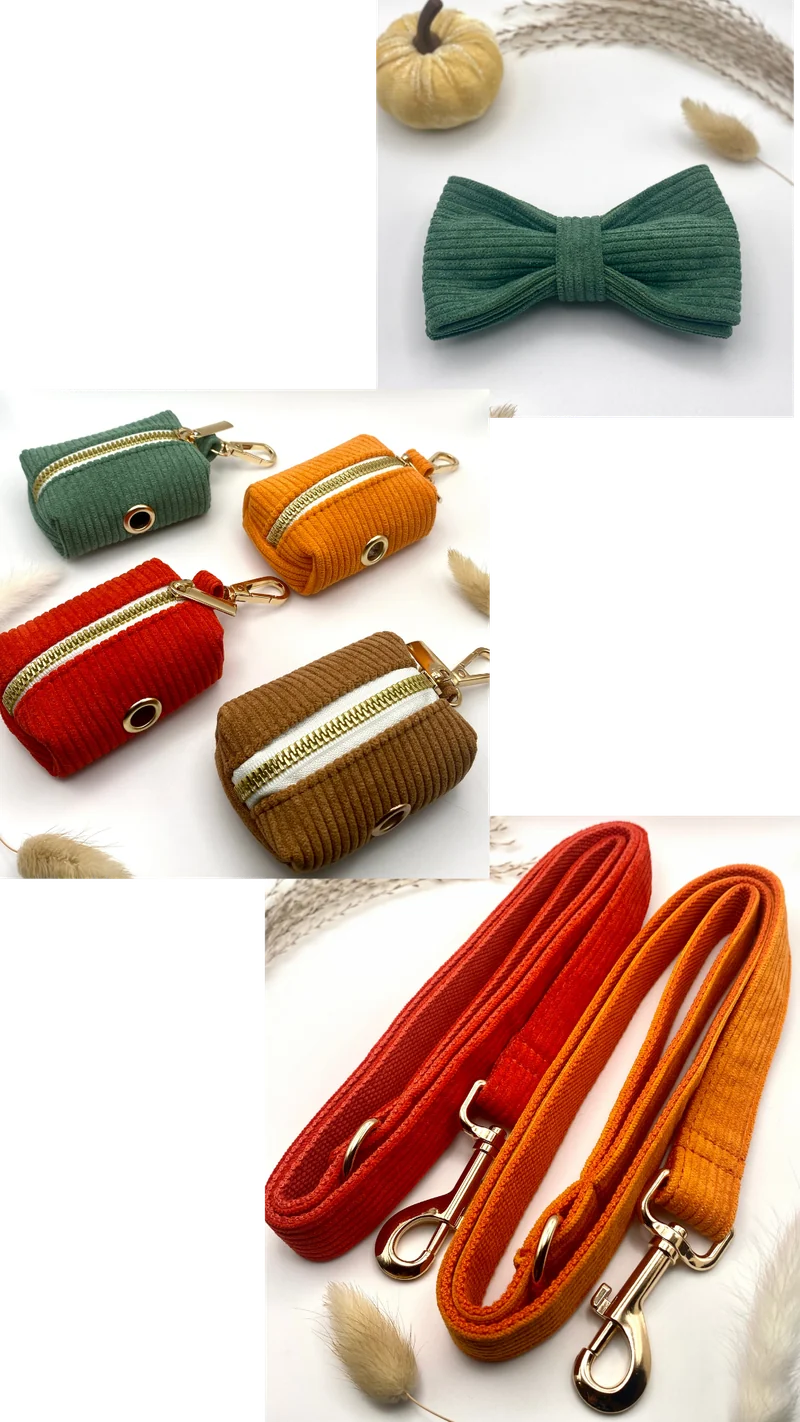 Photos de produits en velours côtelé : nœud papillon vert, pochettes à sachets et laisses orange pour chiens
